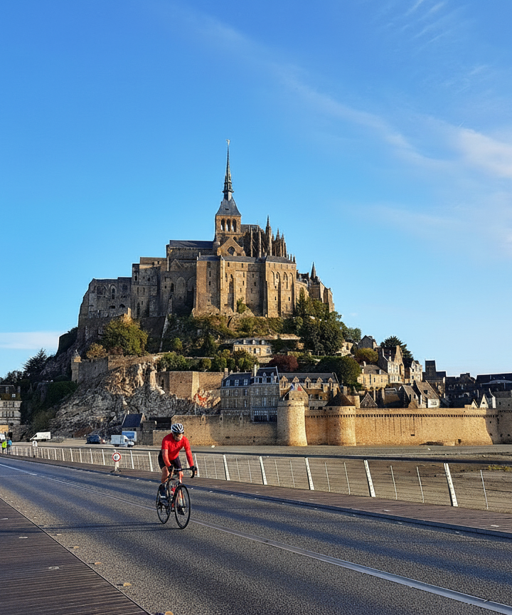Cycliste Sur La Route Mont Saint Michel